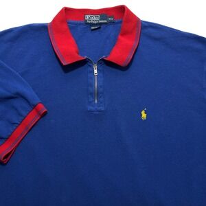 Vintage Polo Ralph Lauren Tipped Polo Shirt Blue Red Zipper XXL Short Sleeve